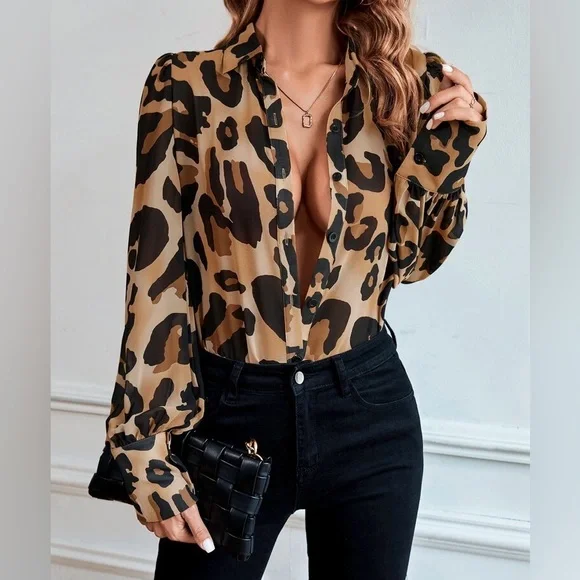 Leopard Print Sheer Button Down Shirt Top Blouse - Picture 1 of 6